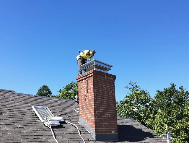Clinton Chimney Sweep technician measuring a chimney cap in Clinton, MA