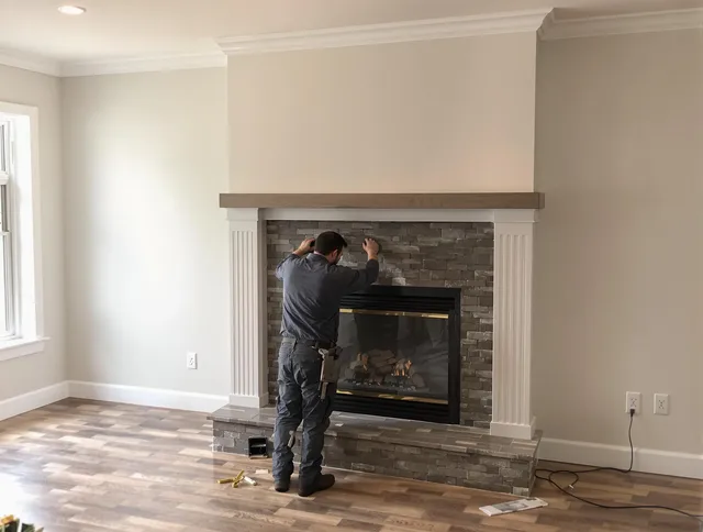 Clinton Chimney Sweep finishing a custom fireplace install in Clinton, MA